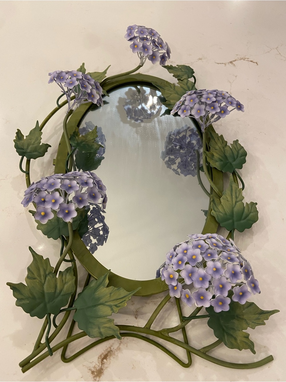Vintage Floral Framed Mirror Metal Purple Hydrangeas Easel Back / Wall Mount NEW